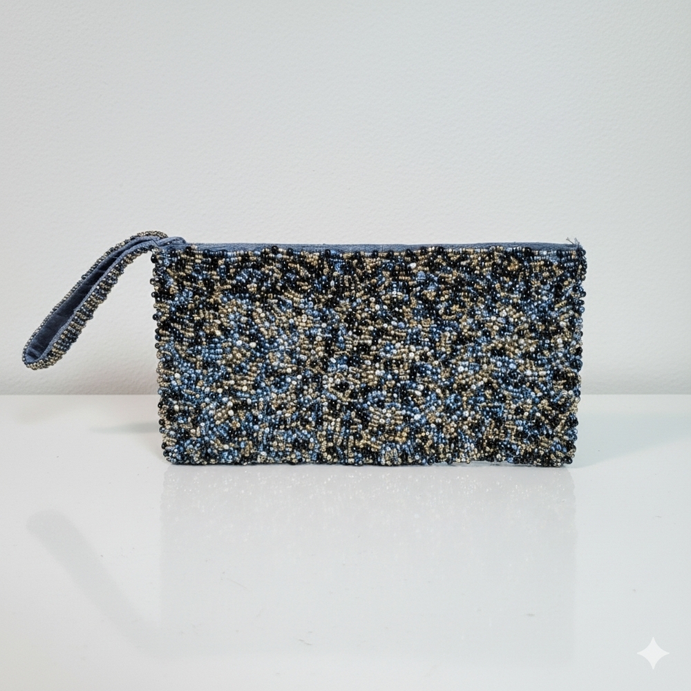 Wristlet 8.5x4.5" Clutch Handmade Beaded Black Silver Gold Glass Seed Beads Zip